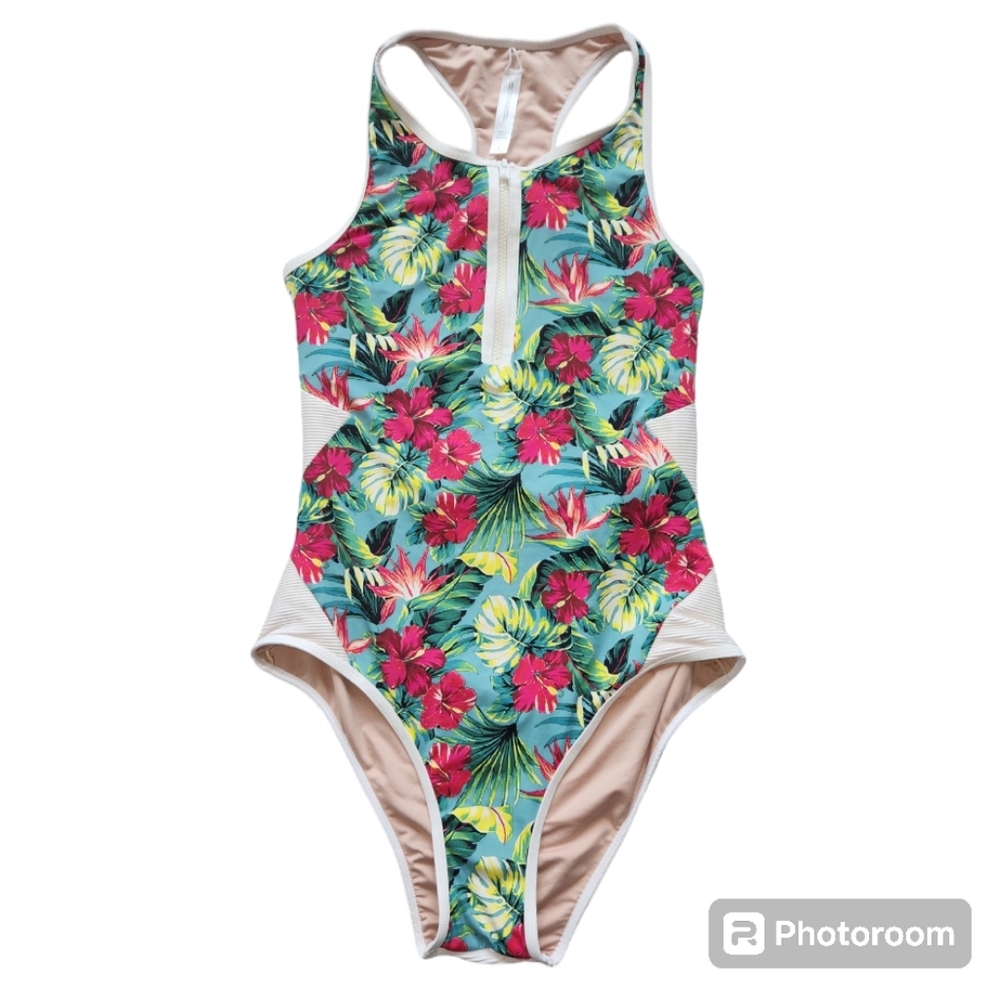 Floral Open Back Zip Front Swimsuit- Size Large